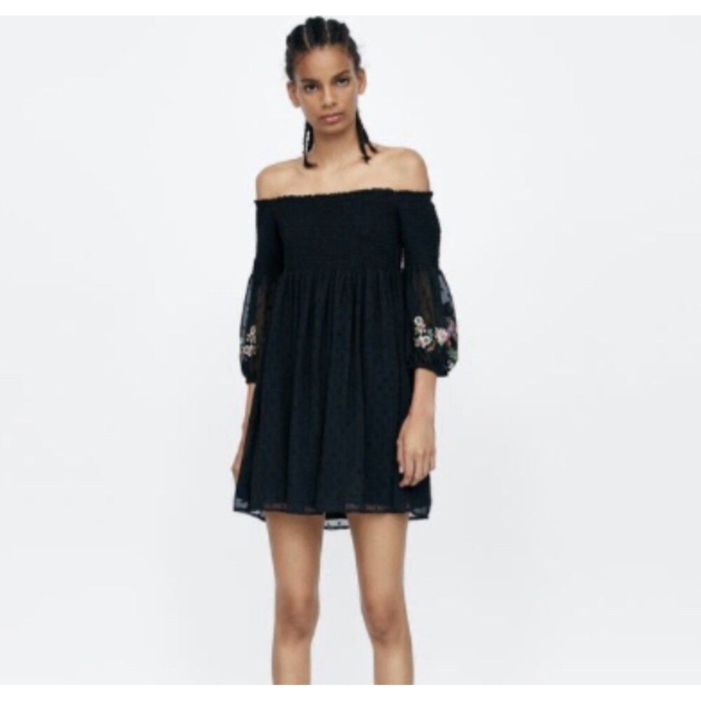 NWT Zara Little Black Dress Whimsigoth Embroidered Sleeve Sexy Shoulder Babydoll